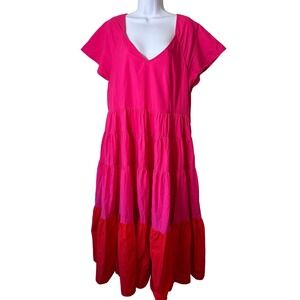 Peyton Parker Tiered Maxi Dress Hot Pink V Neck Short Sleeve Cotton XL Vacation
